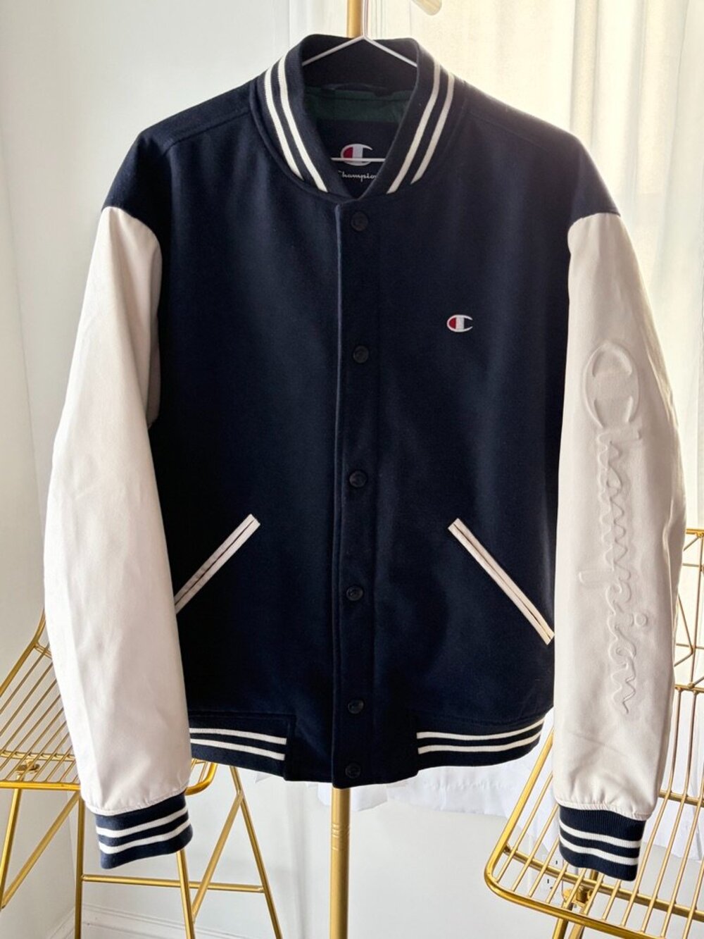 Champion Men's Navy Wool Blend Varsity Letterman Bomber Jacket Embossed Sleeve M